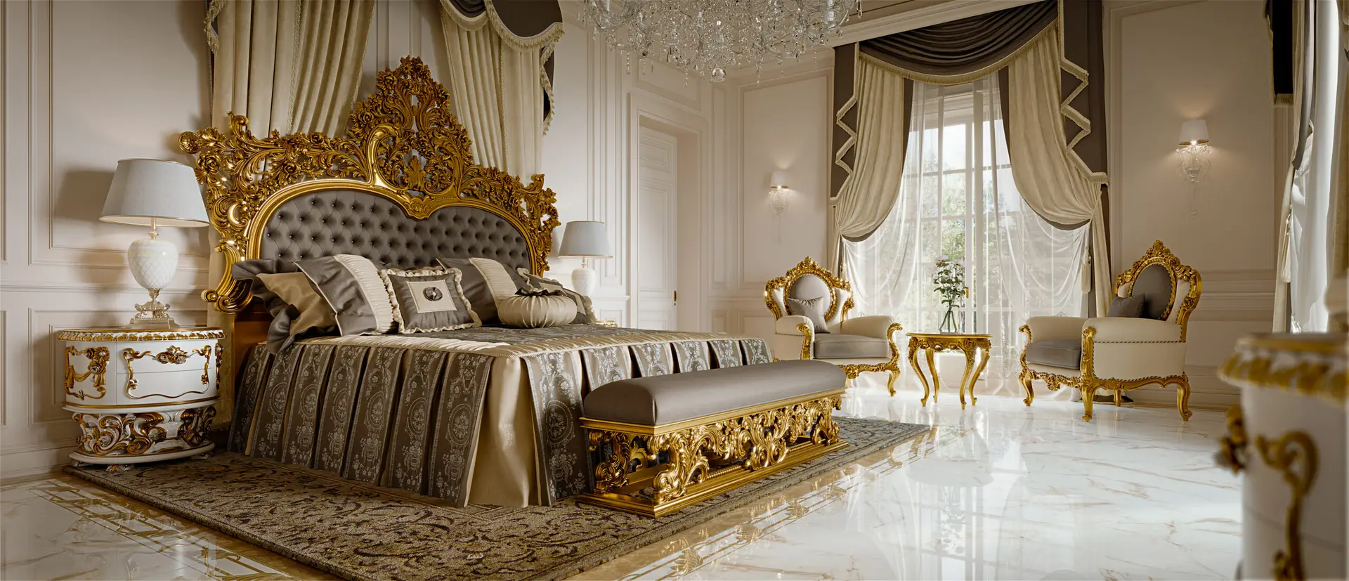 Classic Carved frame bedroom set, finished in gold leaf