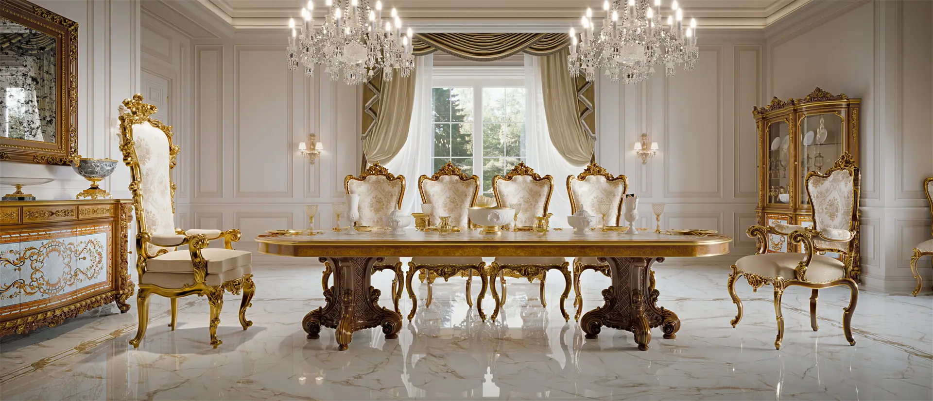 Classic Carved frame dining set, finished in gold leaf details.